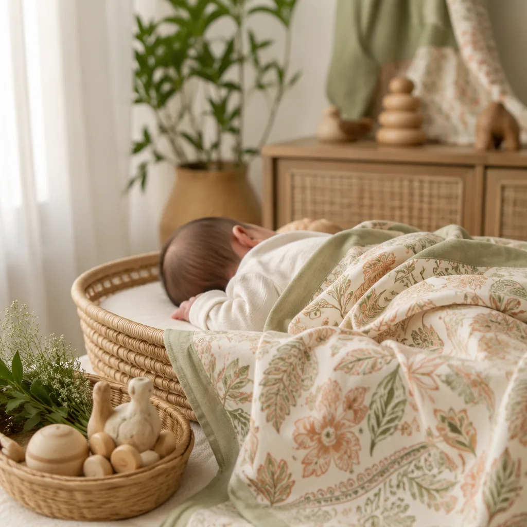 Sleeping baby in a soft Indonesian-inspired nursery with pastel batik blanket and wooden toys.