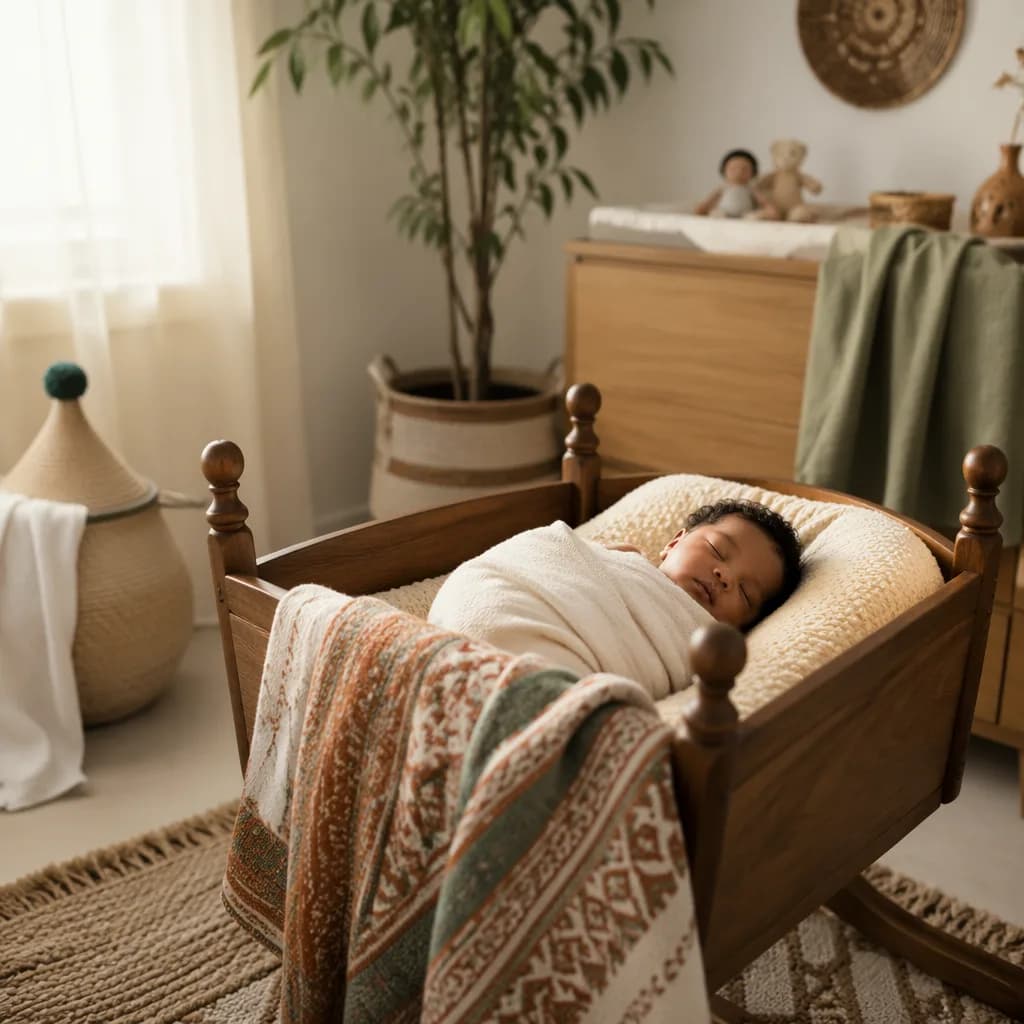 Sleeping newborn in a softly lit cozy nursery with Ethiopian-inspired woven details