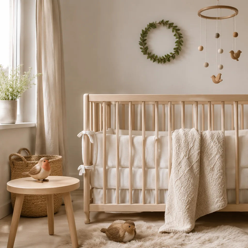 Soft Scandinavian nursery with a crib, knitted blanket, and small robin bird toy.