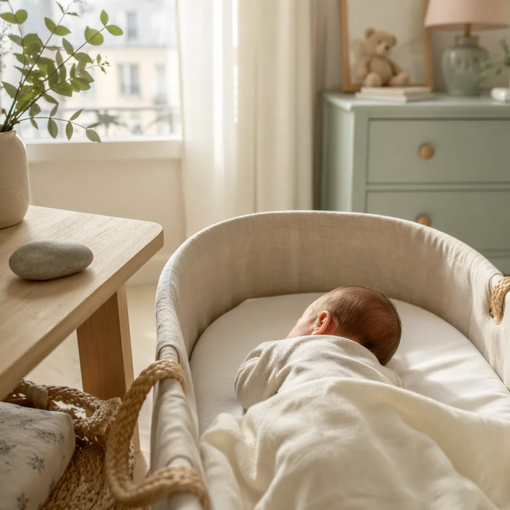 Soft pastel French nursery with a sleeping baby and a small stone keepsake.