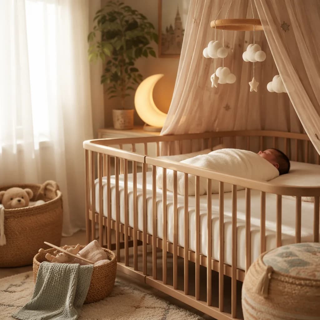 Sleeping baby in a soft pastel Urdu-inspired nursery with cozy protective decor