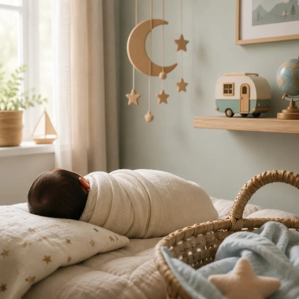 Soft nursery scene with a swaddled baby and gentle travel-inspired decor.