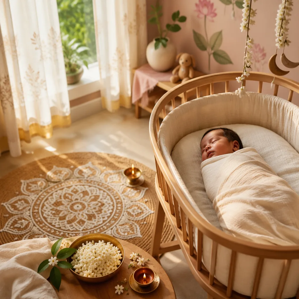 A peaceful Bengali-inspired nursery with a sleeping baby in soft natural light.