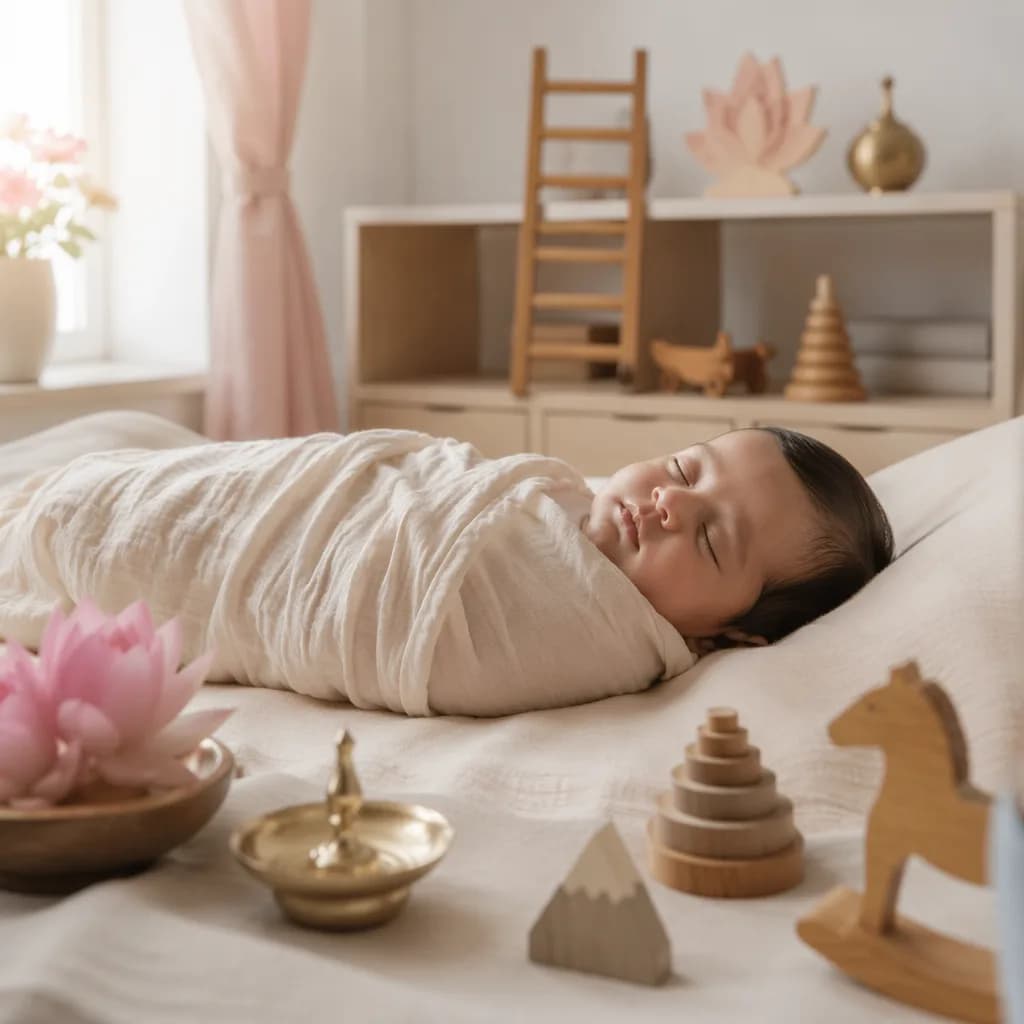 Sleeping baby in a softly lit pastel nursery with lotus flowers and warm Indian-inspired decor.
