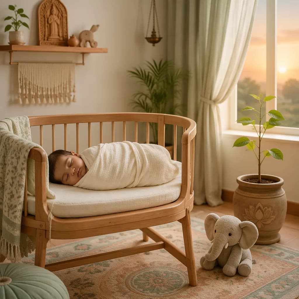 Sleeping baby in a soft pastel nursery with a sapling and elephant plush.
