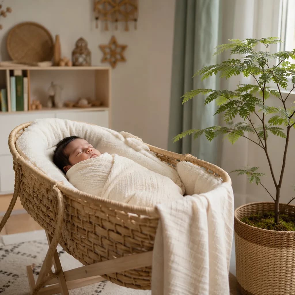 A peaceful newborn in a cozy pastel nursery with a small green sapling nearby.