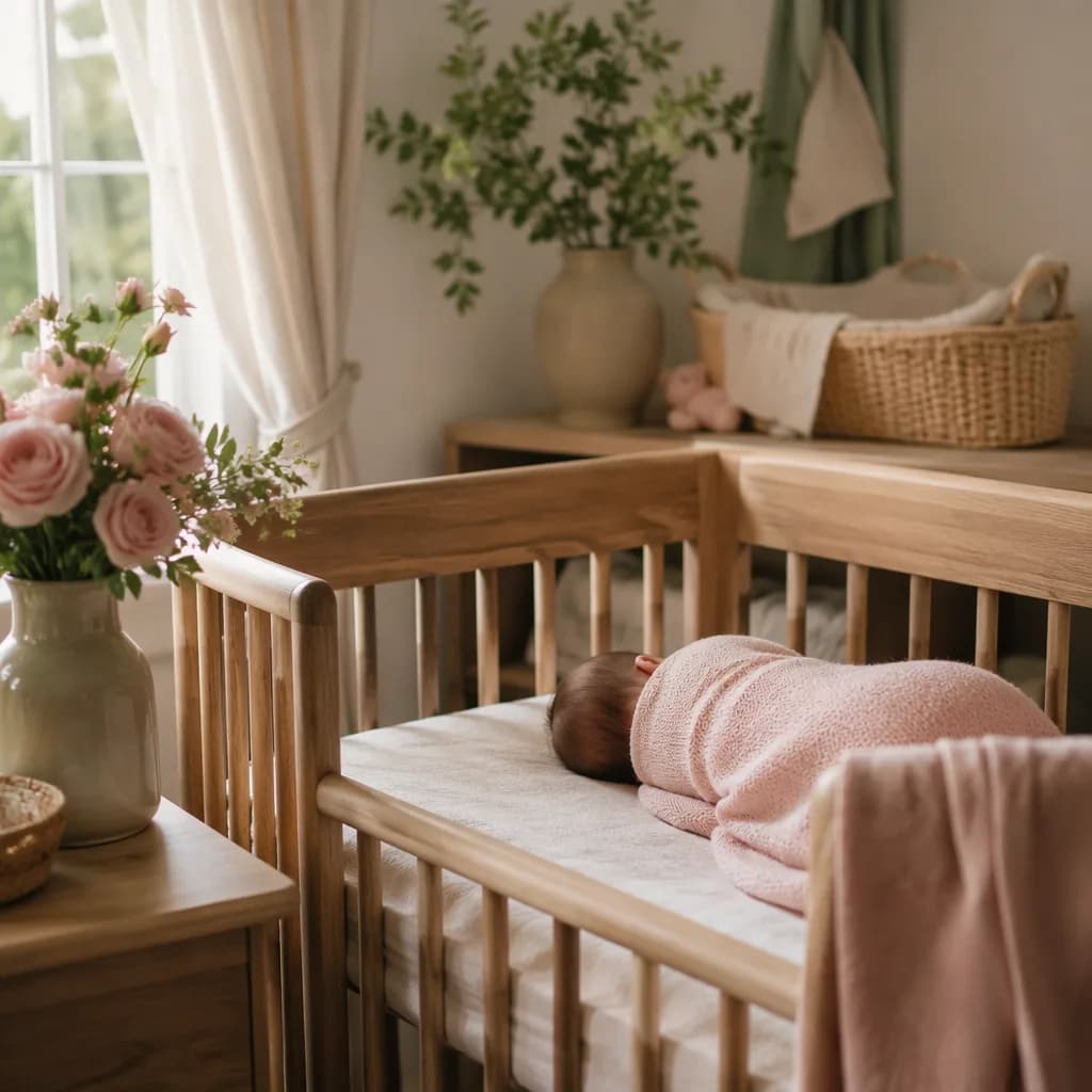 Soft Irish-inspired nursery scene with a sleeping baby and delicate pink roses.