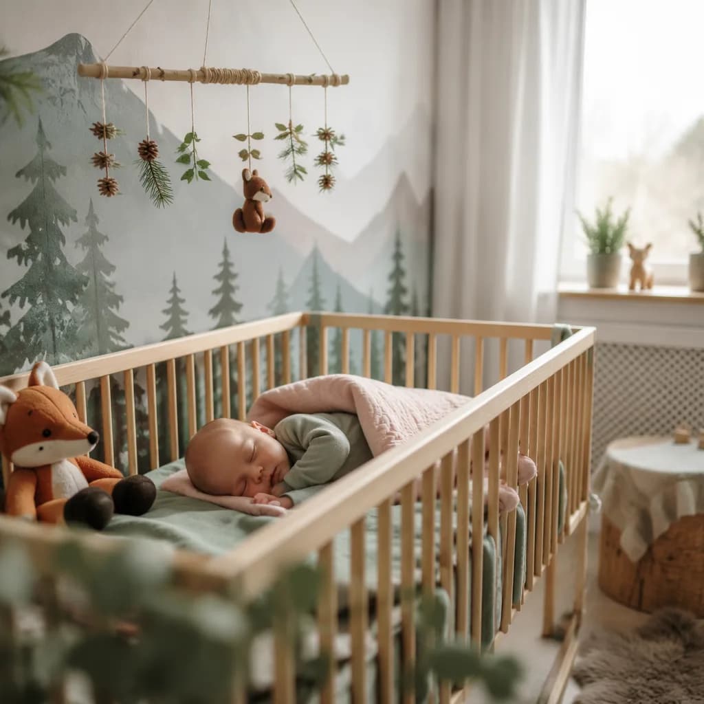 Sleeping baby in a soft pastel woodland nursery inspired by the name Ronja.