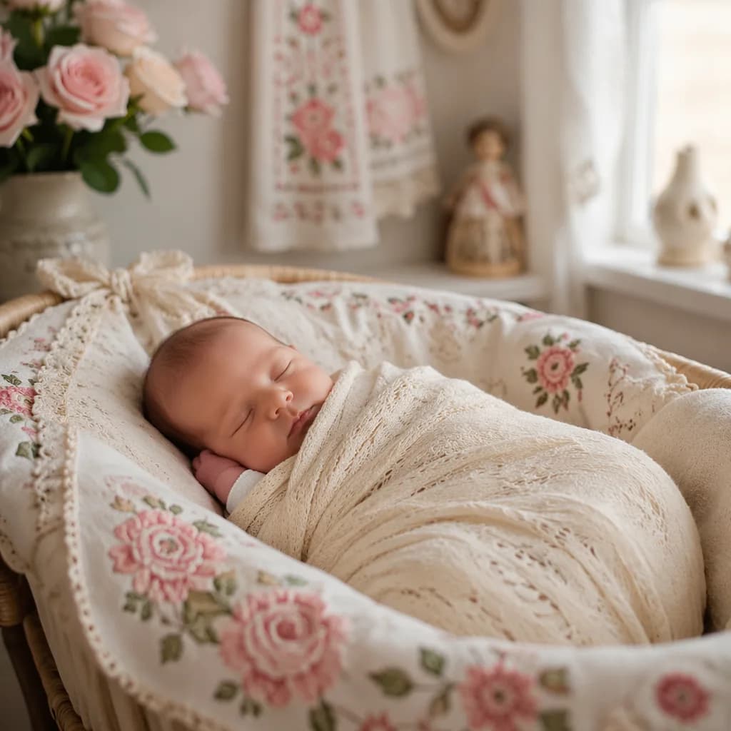 Sleeping baby in a cozy pastel nursery with soft pink roses and Polish-inspired details