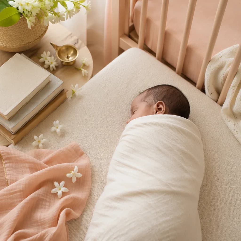 Sleeping swaddled baby in a soft pastel nursery with jasmine and gentle Sanskrit-inspired accents.
