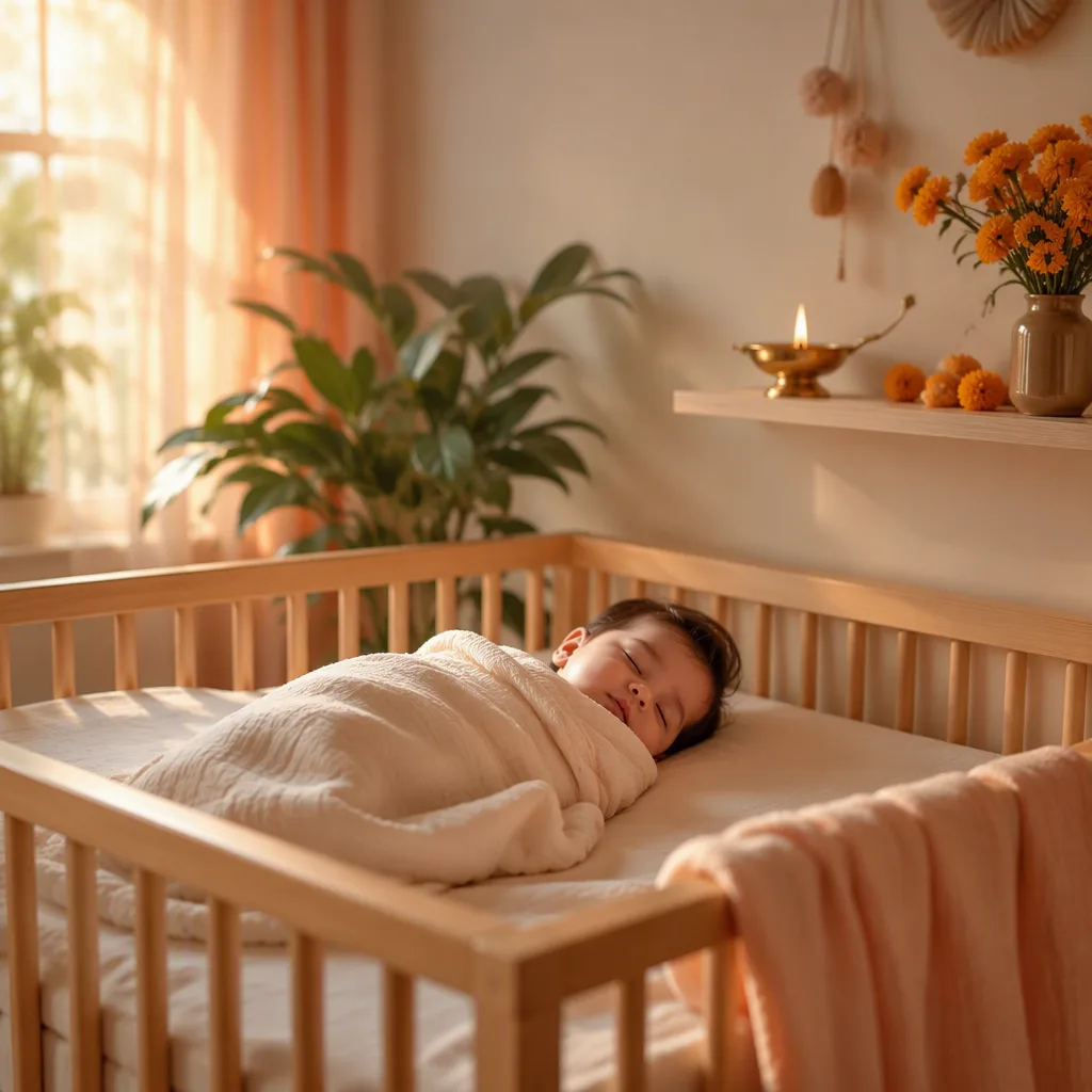 A serene pastel nursery with a sleeping baby in warm morning light.