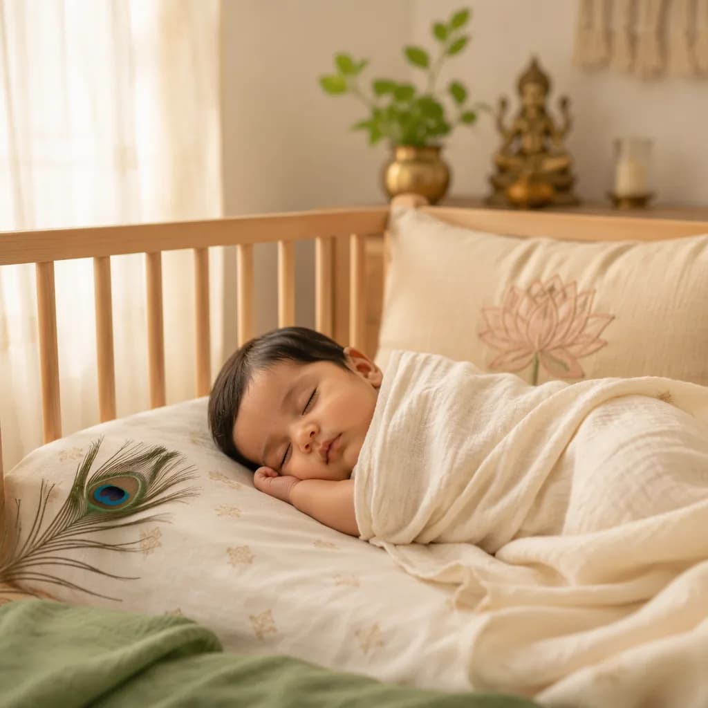 Sleeping baby in a soft Indian-inspired nursery with peacock feather and lotus details.