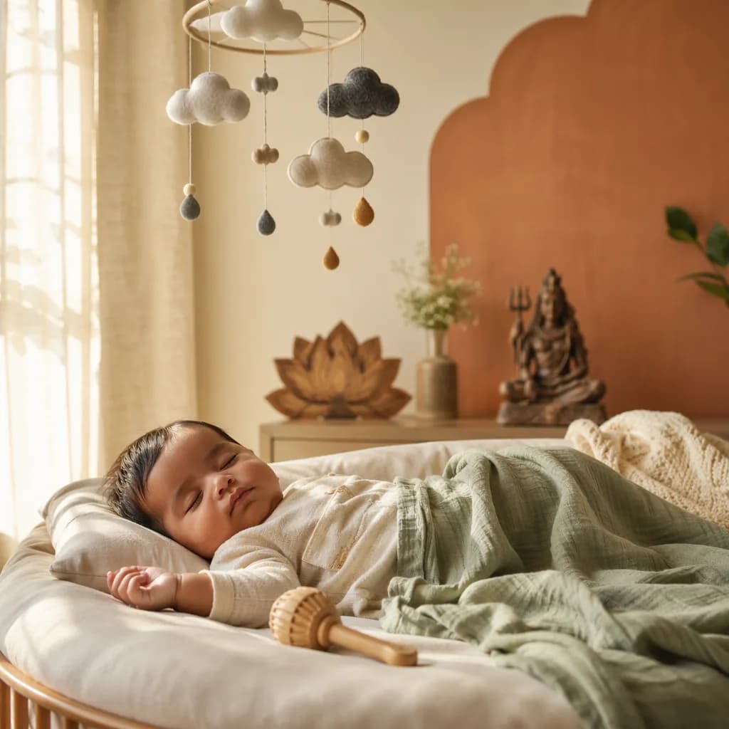 Peaceful baby sleeping in a soft pastel nursery with subtle Indian-inspired decor.