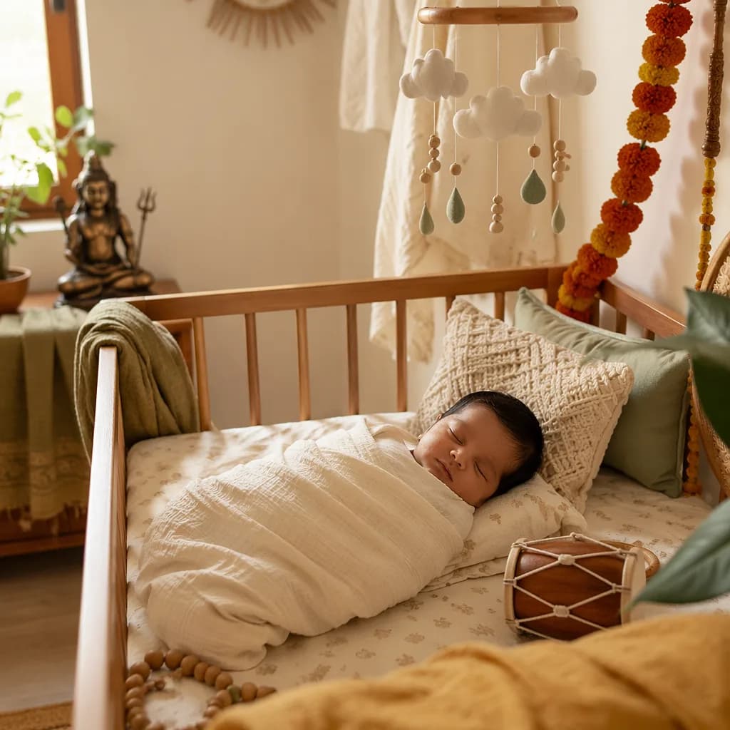 A peaceful swaddled baby in a warm Indian-inspired nursery with soft symbolic accents.