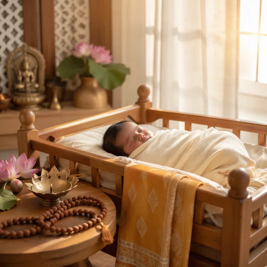 Peaceful swaddled baby in a softly lit nursery with lotus flowers and gentle Indian-inspired details.