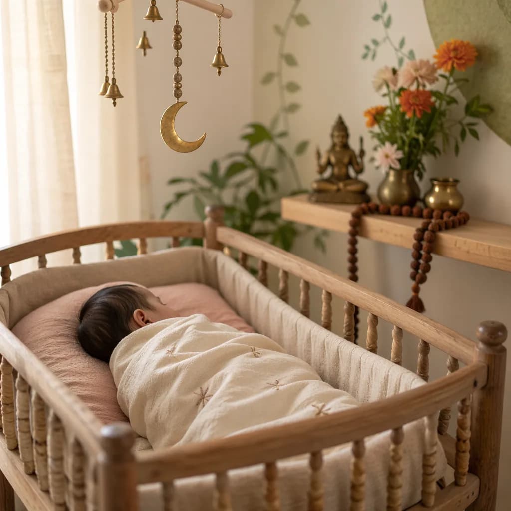 A peaceful Indian-inspired nursery with a sleeping newborn in a cradle and soft symbolic decor.