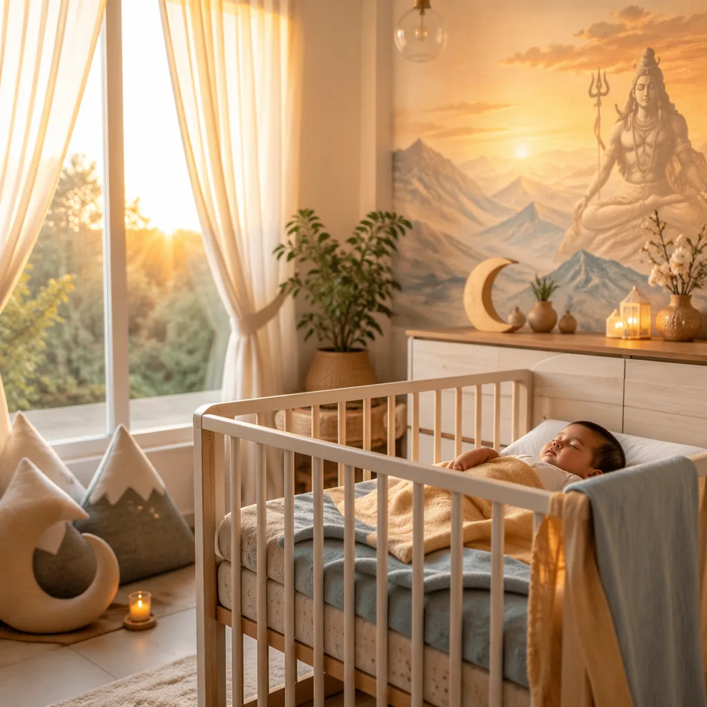 A peaceful pastel Indian nursery at sunrise with a sleeping baby and subtle dawn-inspired decor.