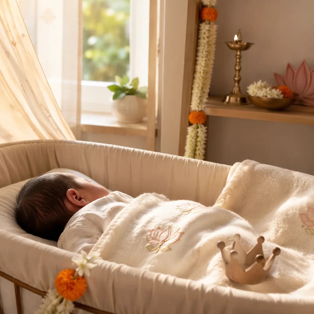A peaceful modern Indian nursery with a sleeping newborn, soft pastels, floral accents, and a tiny crown toy.