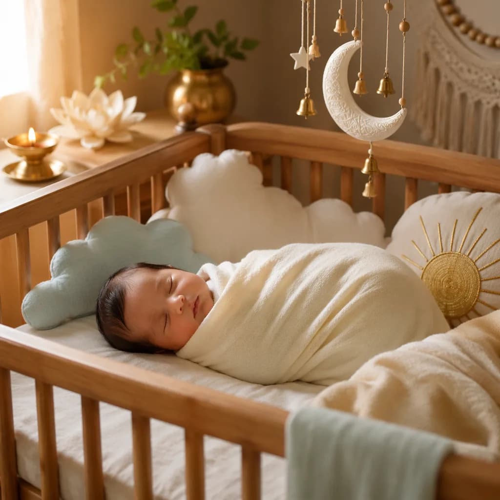 Sleeping swaddled baby in a serene pastel nursery with gentle Indian-inspired symbolic decor.