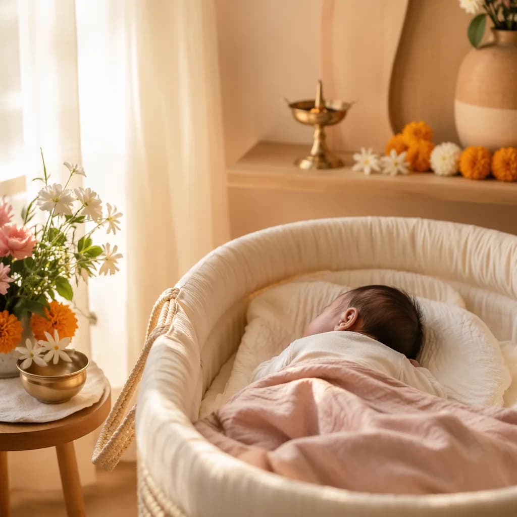 A serene pastel nursery with a sleeping baby and gentle Indian-inspired floral accents.