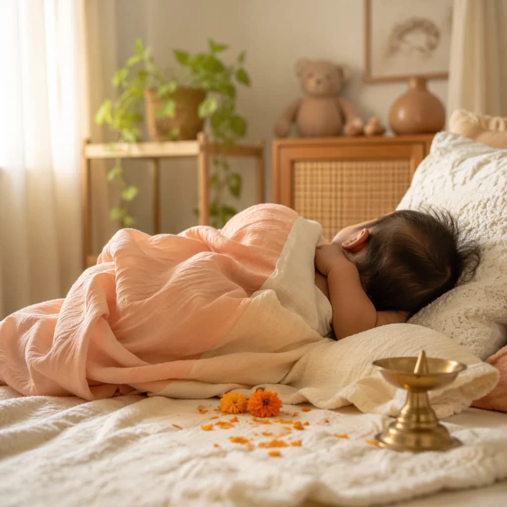 Peaceful Indian baby in a soft pastel nursery with gentle cultural accents.