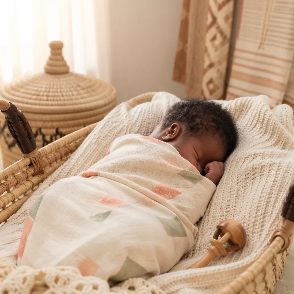 A peaceful Nigerian newborn sleeping in a softly lit cozy nursery with pastel accents.