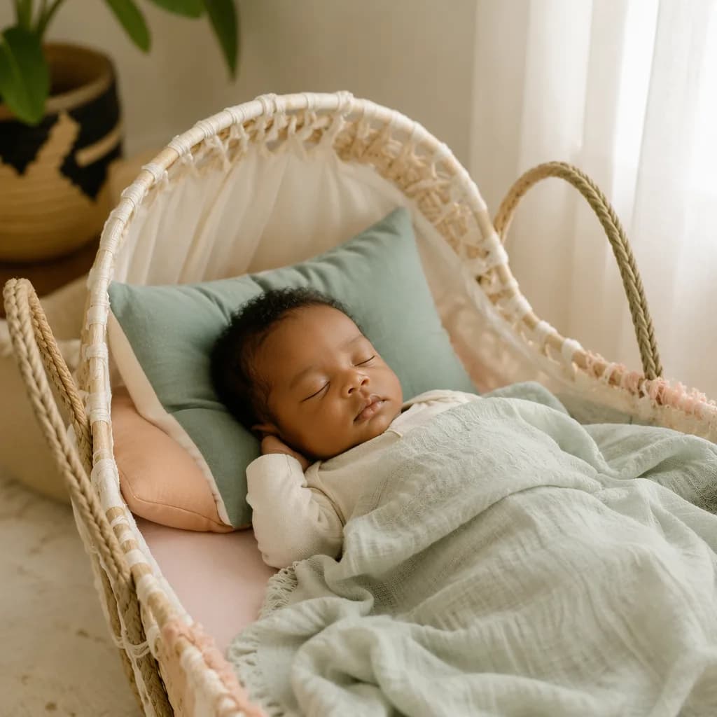 Sleeping baby in a warm pastel nursery with woven textures and gentle natural light