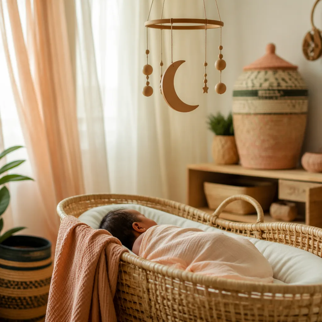 Sleeping newborn in a soft pastel nursery with warm natural light and woven accents.