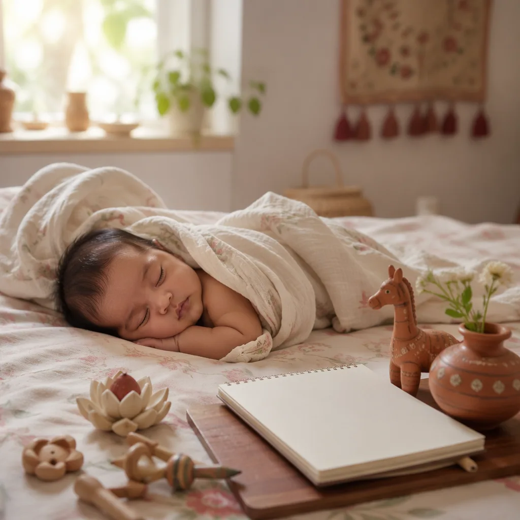A softly lit cozy nursery with a swaddled baby and creative Bengali-inspired decor.
