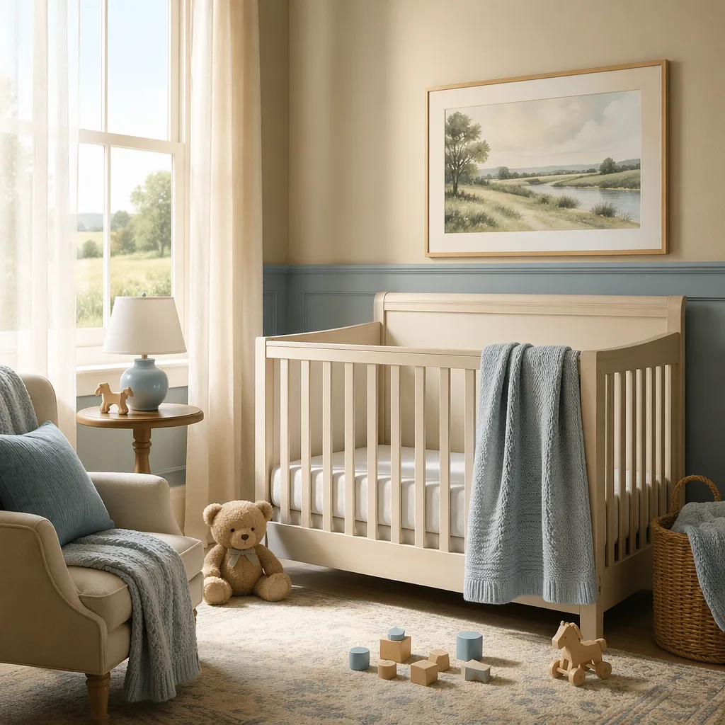 Soft English nursery with a crib, teddy bear, and warm morning light.