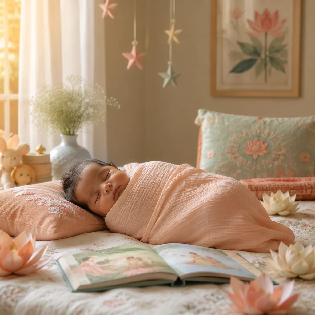 A peaceful Bengali baby nursery with soft fairy-tale details and pastel decor.