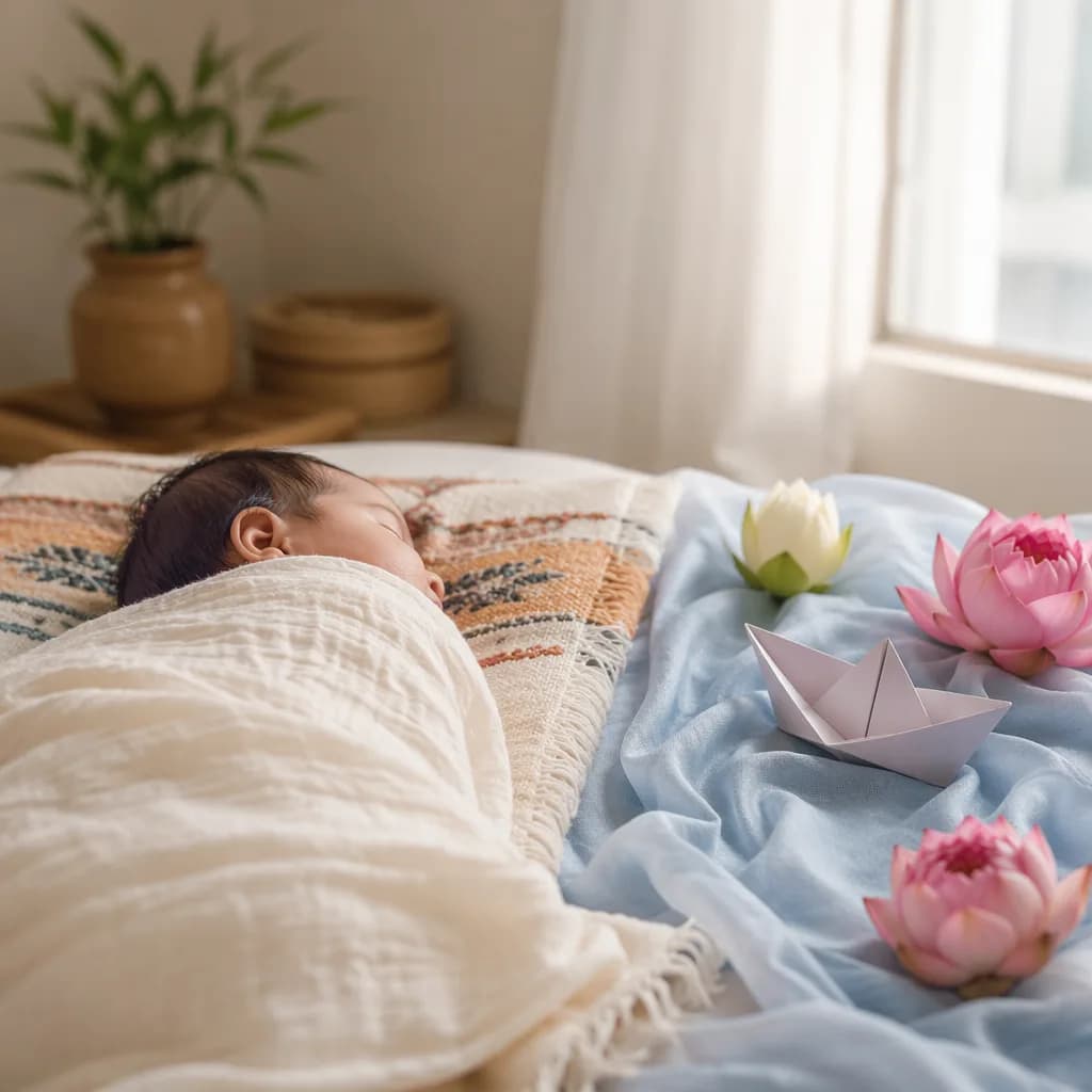 Non-identifiable swaddled baby in a cozy pastel nursery with lotus flowers and a paper boat.