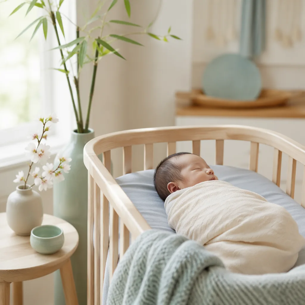 A peaceful Japanese-inspired nursery with a swaddled sleeping baby, soft pastels, bamboo, and spring blossoms.