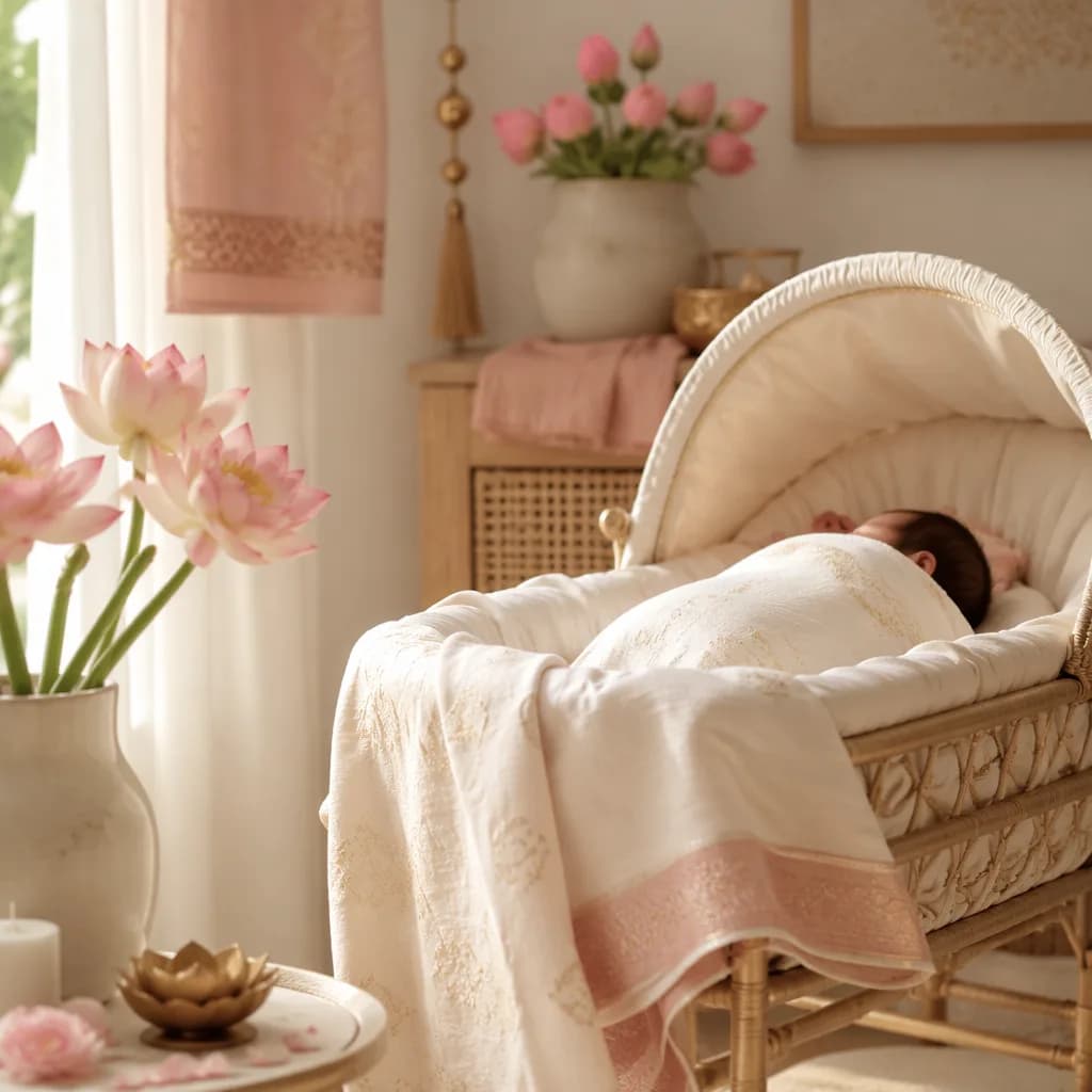 Soft pastel nursery with a swaddled baby, lotus flowers, and gentle morning light.