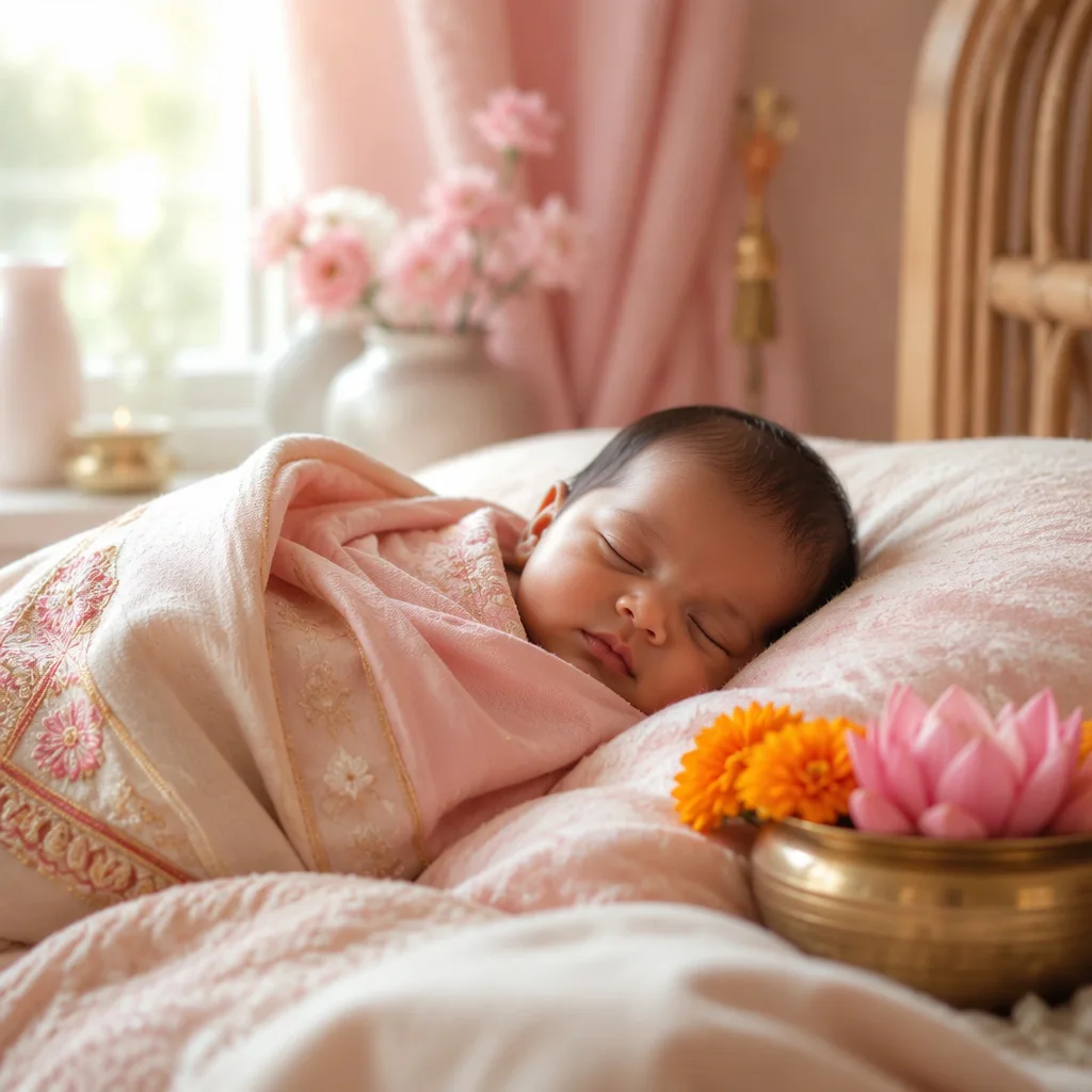 Peaceful newborn in a pastel nursery with lotus and marigold details.