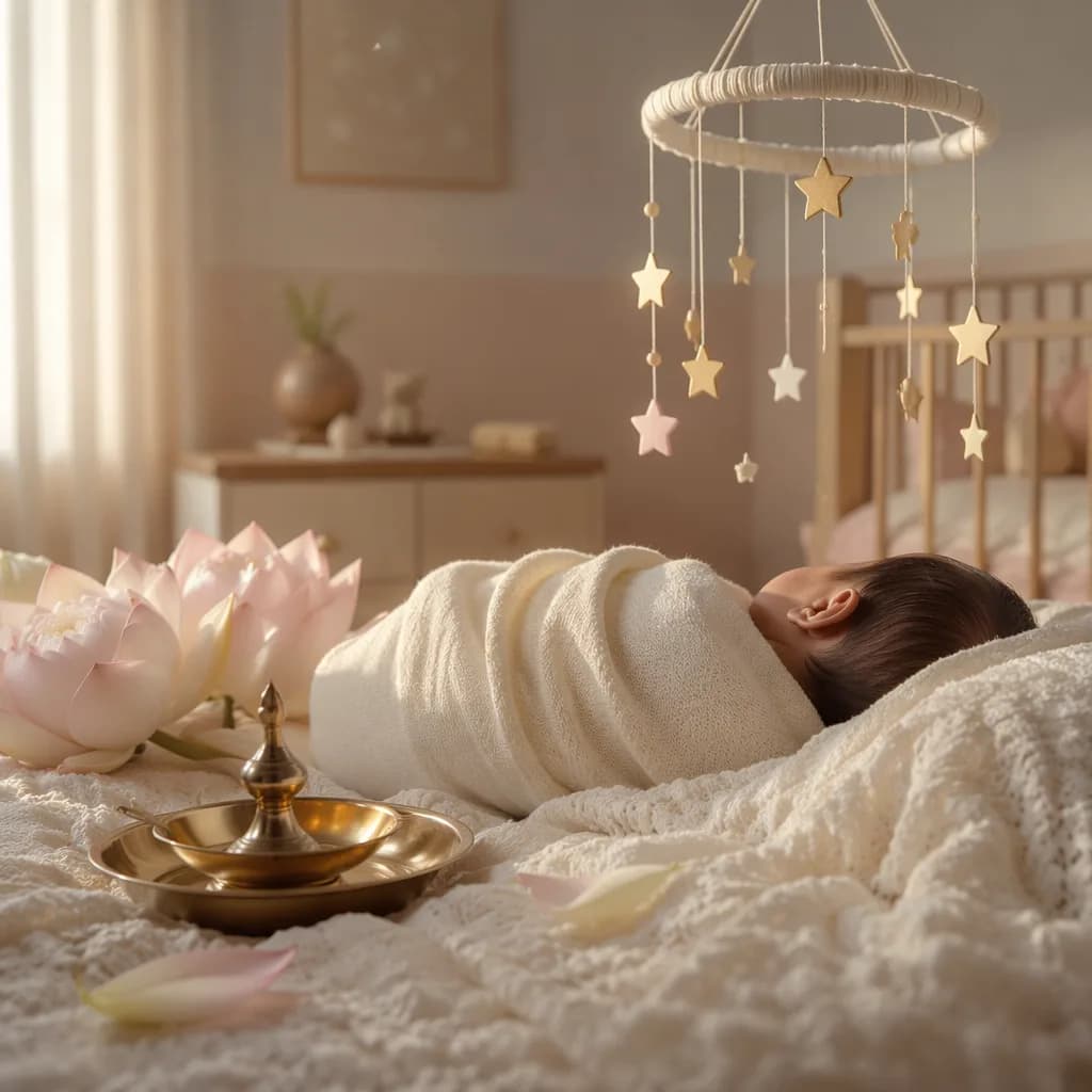 A softly lit pastel nursery with a swaddled baby, lotus flowers, and a star mobile.