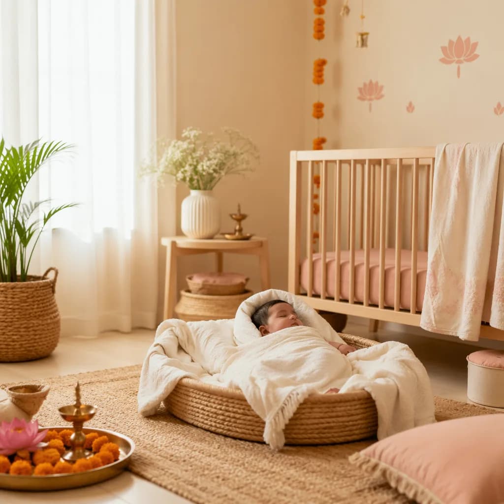 Peaceful baby in a soft pastel nursery with subtle Indian-inspired lotus and marigold decor.