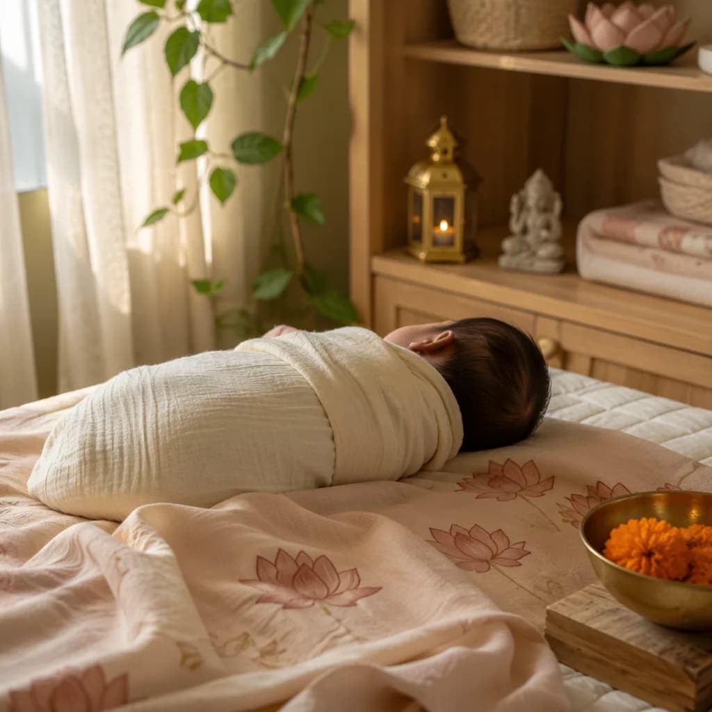 A peaceful pastel nursery with a swaddled sleeping baby and subtle lotus and marigold details.