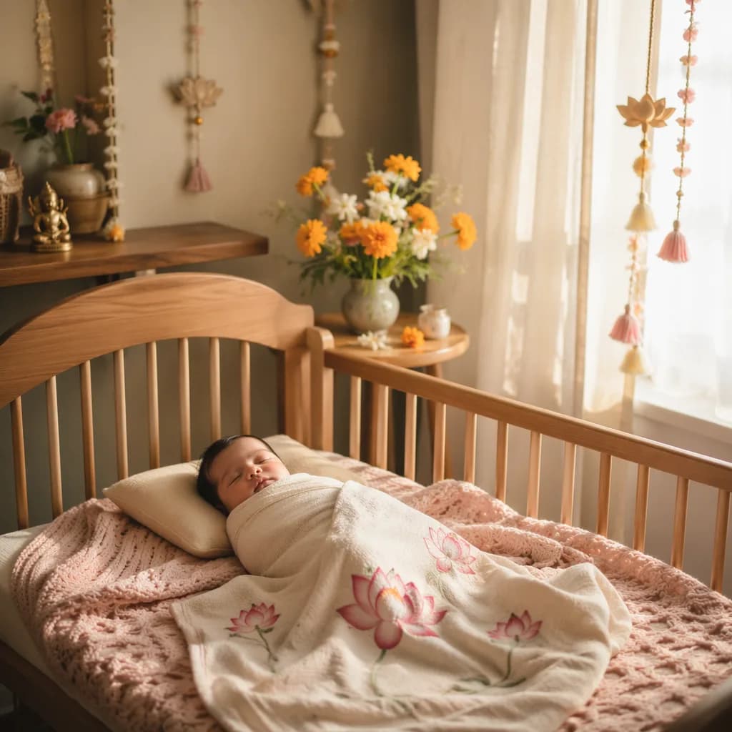 Peaceful pastel nursery with a swaddled baby, lotus details, and warm morning light.