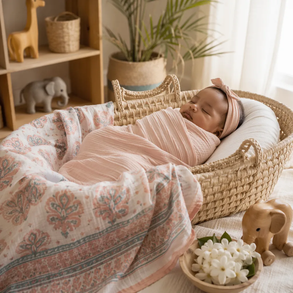 Sleeping baby in a cozy Swahili-inspired nursery with soft pastels and woven details.