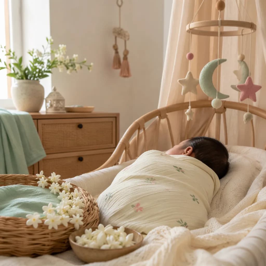 A softly lit Bengali nursery with a swaddled sleeping baby and delicate flowers.