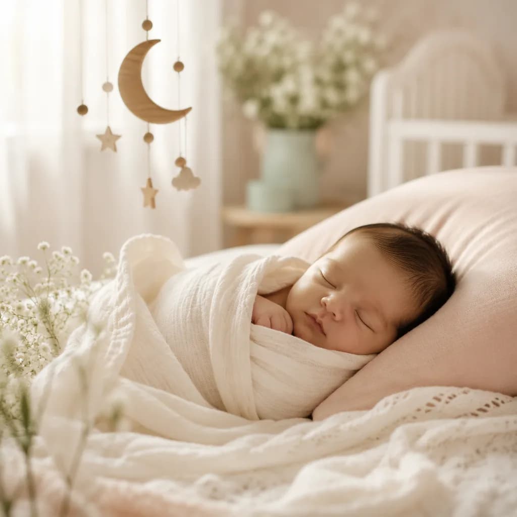 A peaceful newborn in a soft pastel nursery with gentle natural light.