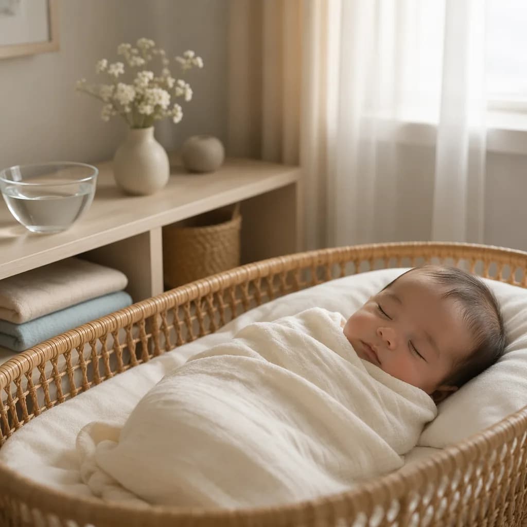 Serene pastel nursery with a swaddled sleeping baby and soft symbolic accents for the name Safa.