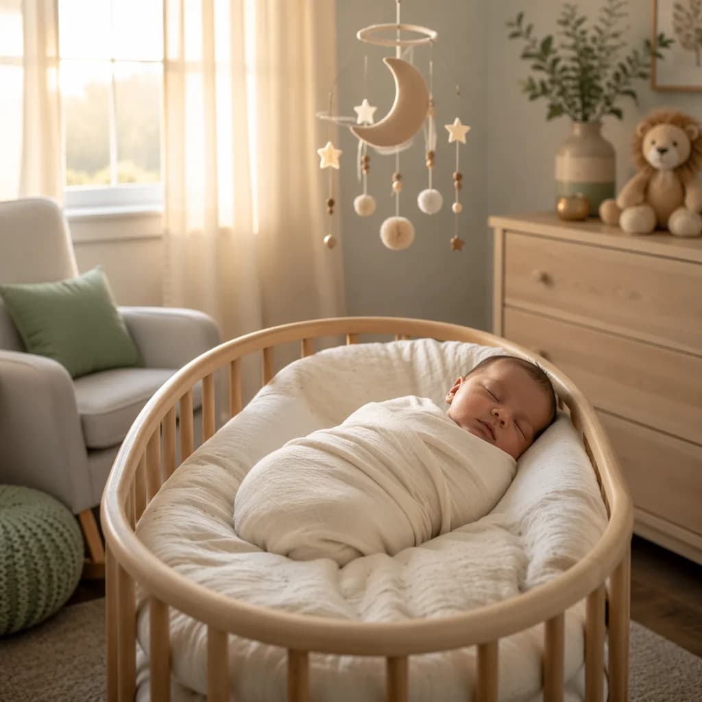 Sleeping baby in a soft pastel nursery with dawn light and a crescent moon mobile.