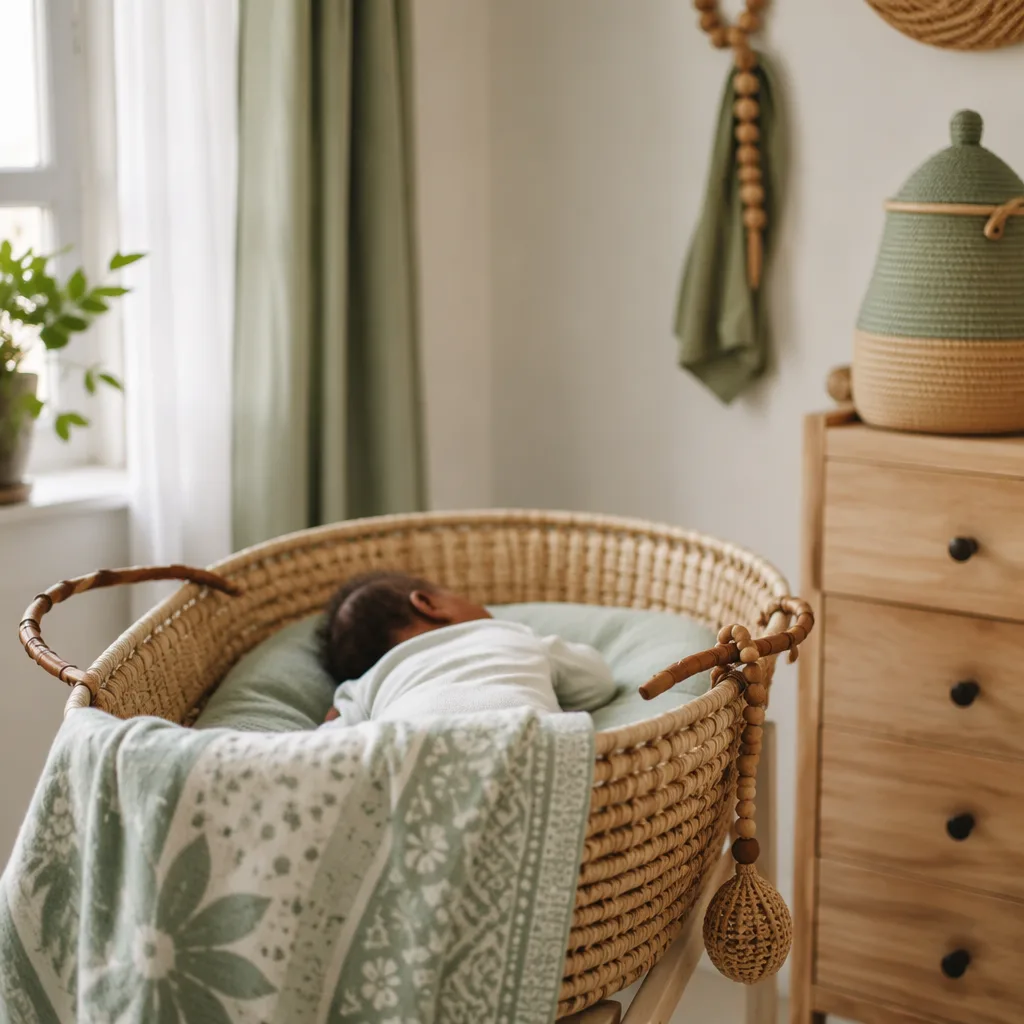 Sleeping baby in a soft pastel Swahili-inspired nursery with woven coastal details.