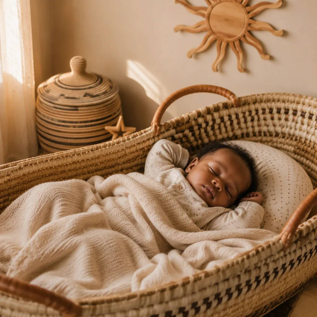 Sleeping baby in a softly lit East African-inspired nursery with warm pastel decor.