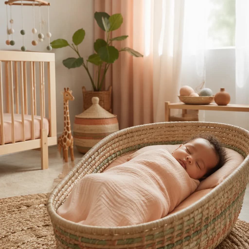 Peaceful baby in a warm pastel nursery with East African-inspired decor.