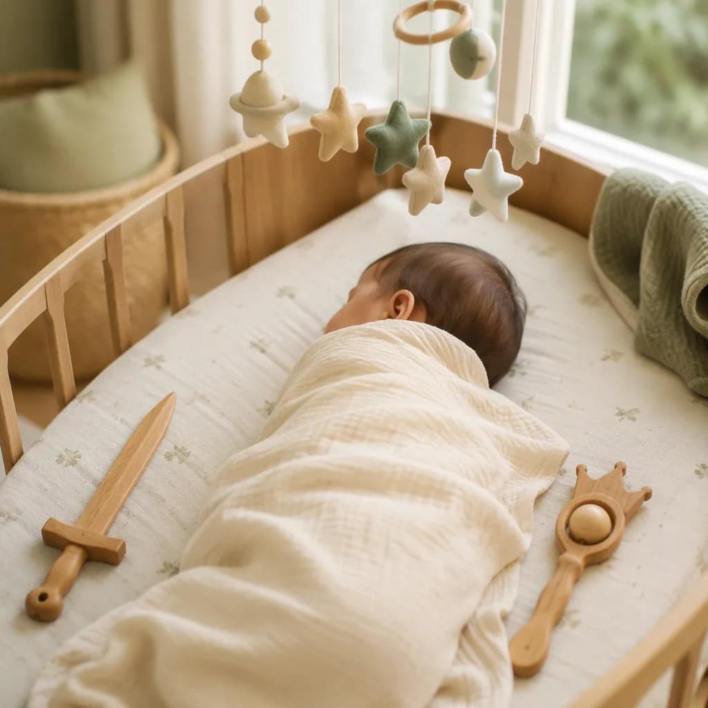 Soft pastel nursery scene with a swaddled baby and symbolic toys for courage, protection, and dignity.