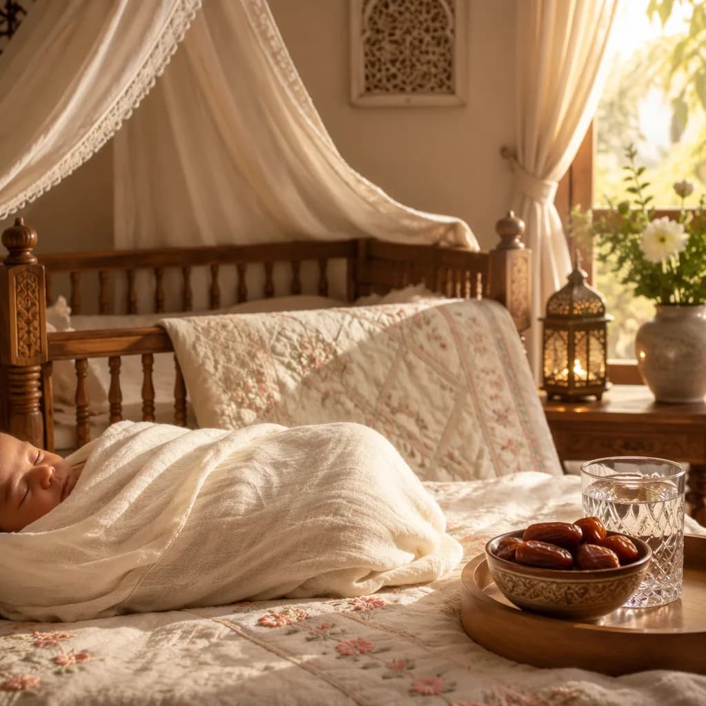 Peaceful pastel nursery with a swaddled newborn, dates, water, and soft South Asian heritage details.