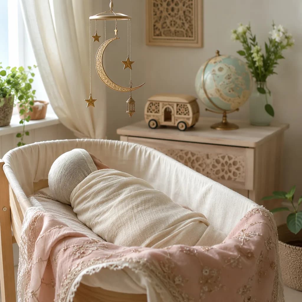 A softly lit nursery with a swaddled baby and gentle Urdu-inspired keepsakes.